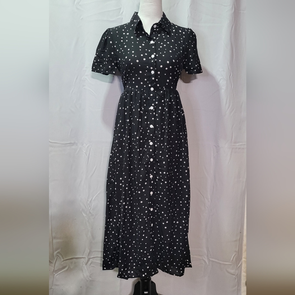 Women's Black Sheer Collared Polka Dot Short Sleeve Midi Dress Size XS EUC 🐈 - Picture 2 of 14